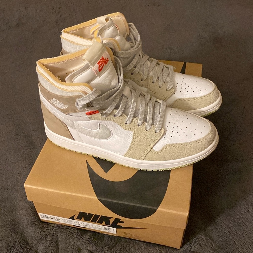 women’s jordan 1 zoom “olive aura”, size 9, colors:white/grey heather-olive aura